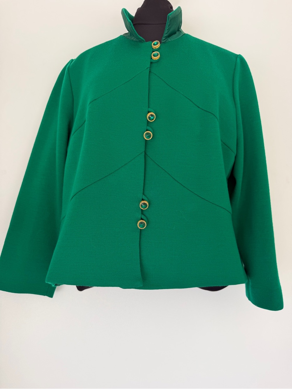 Vintage I. Magnin Green Knit Jacket SZ M Rhinestone Gold Jewel Buttons 70s 80s